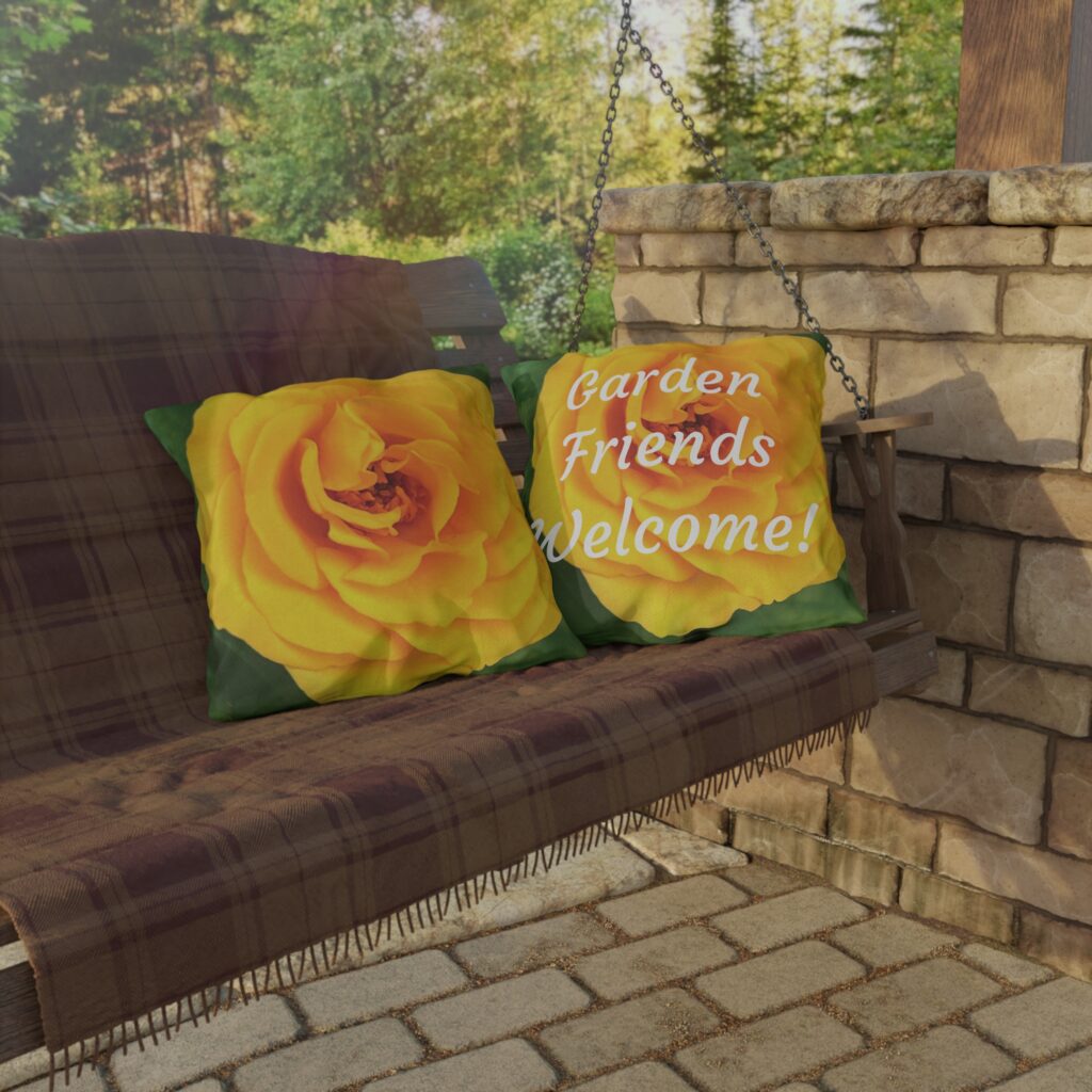 Yellow Rose 'Garden Friends Welcome' Outdoor Patio Pillows
